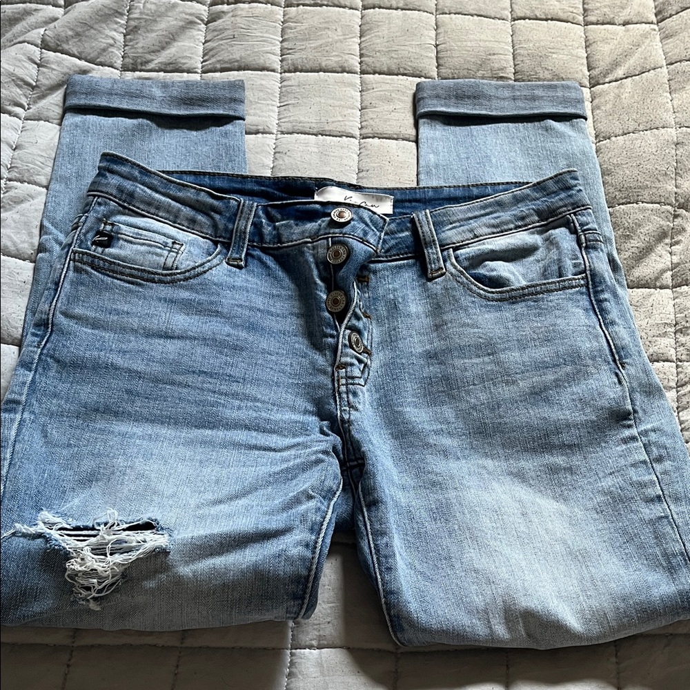 KanCan Light Blue Boyfriend Button Up Jeans with Distressed Detail